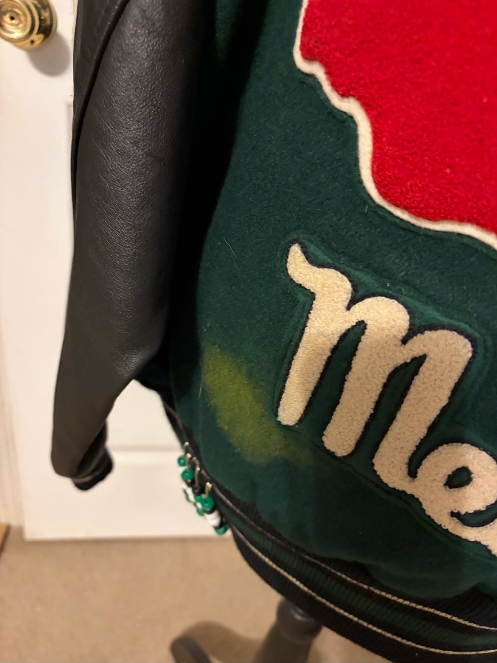 Dark Green & Black Varsity Letterman Jacket with Contrast Sleeves - Picture 6 of 6